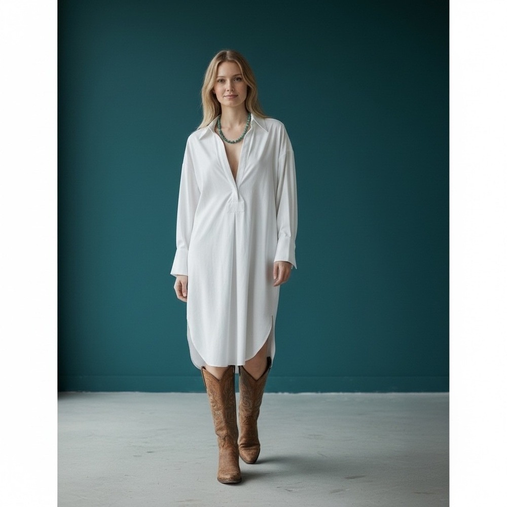ONA White Oversized Long Sleeve‎ Button Down Shirt Dress Midi